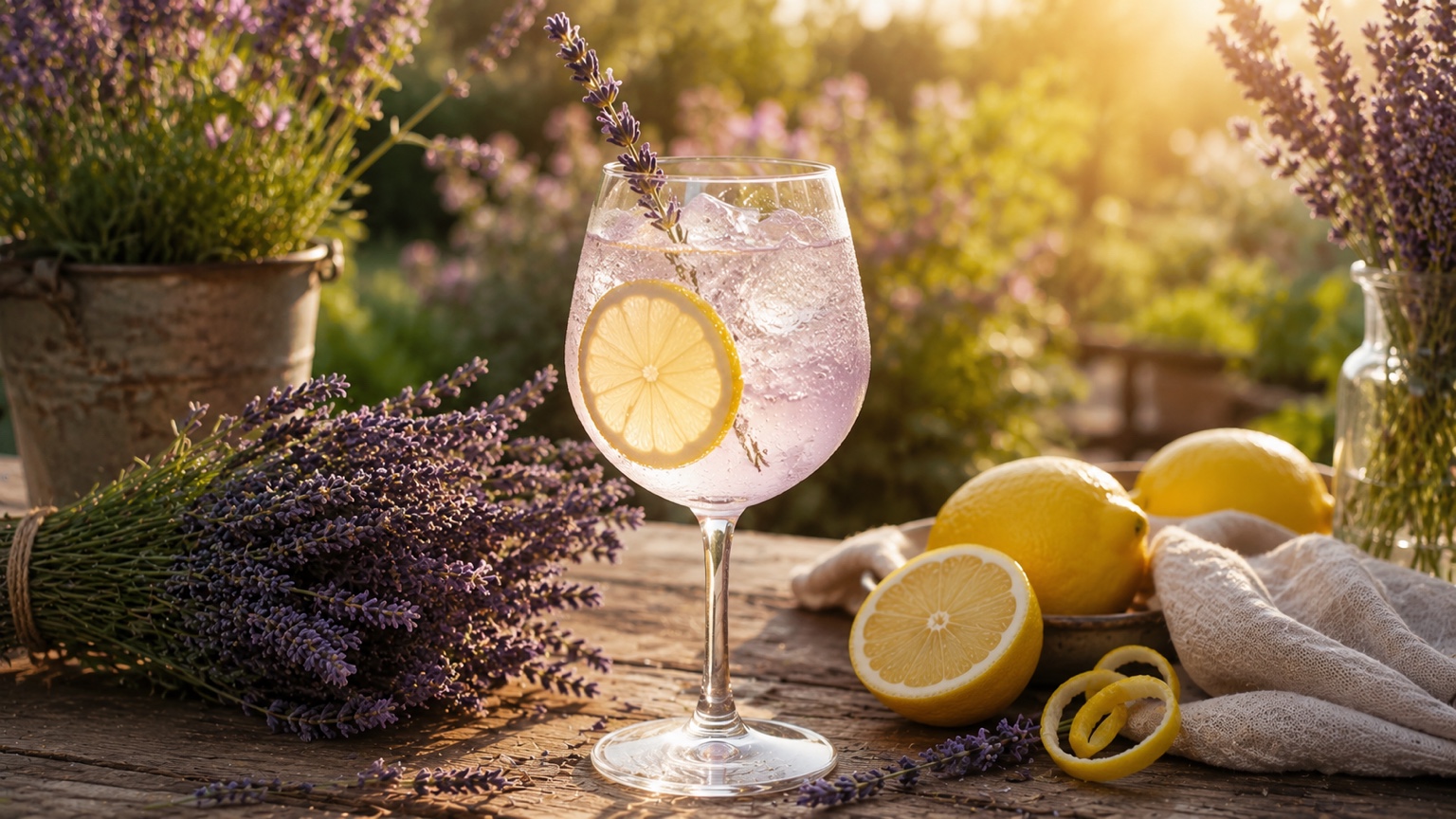 A Lavender Lemon Spritz in a wine glass with a lavender sprig garnish