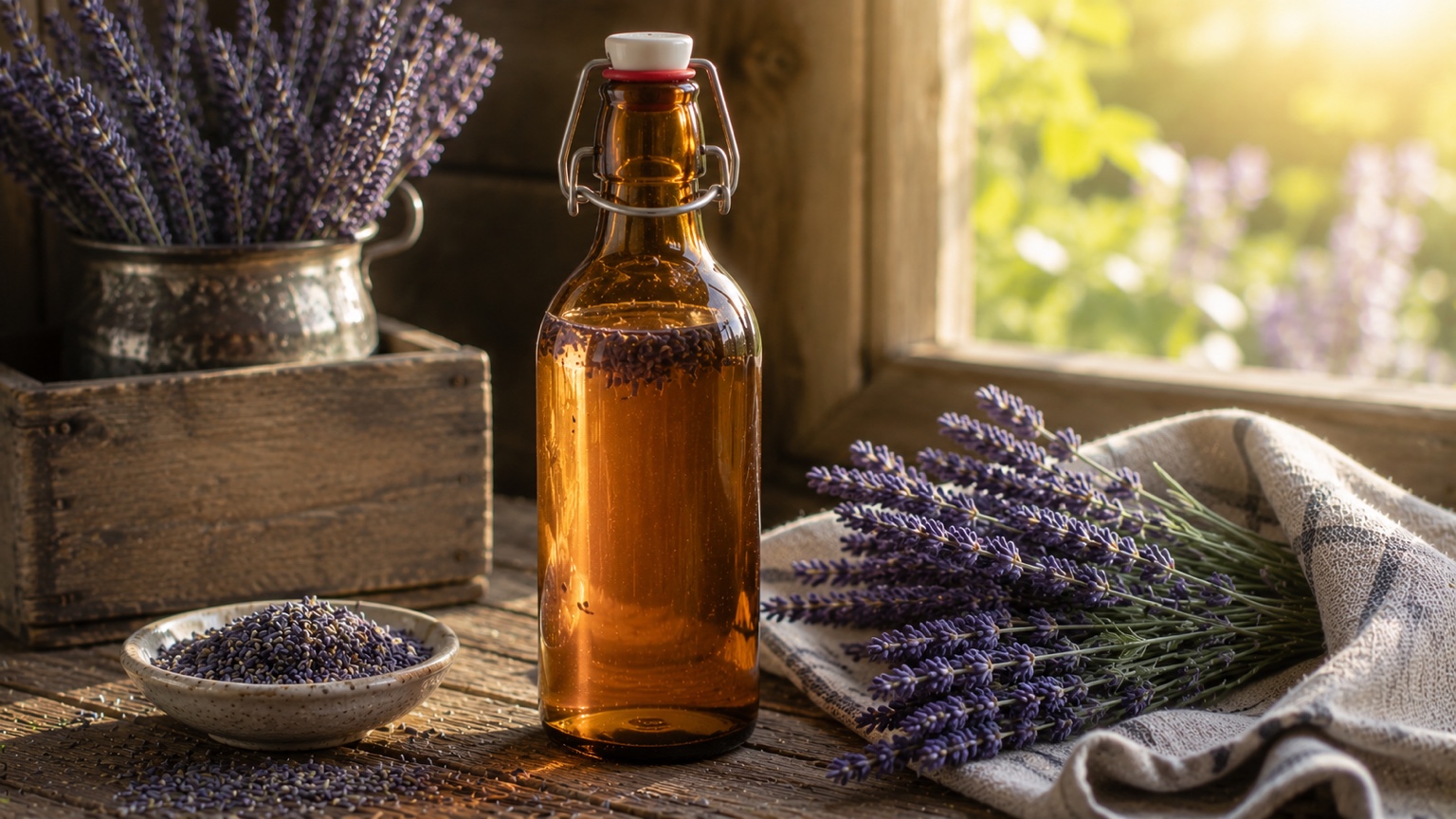 A jar of homemade lavender simple syrup beside fresh lavender sprigs from the garden