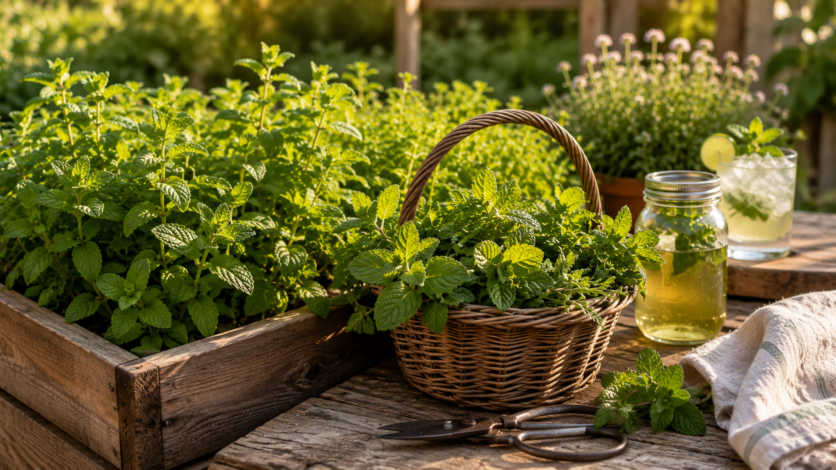 Fresh mint growing in a herb garden, ready for harvest