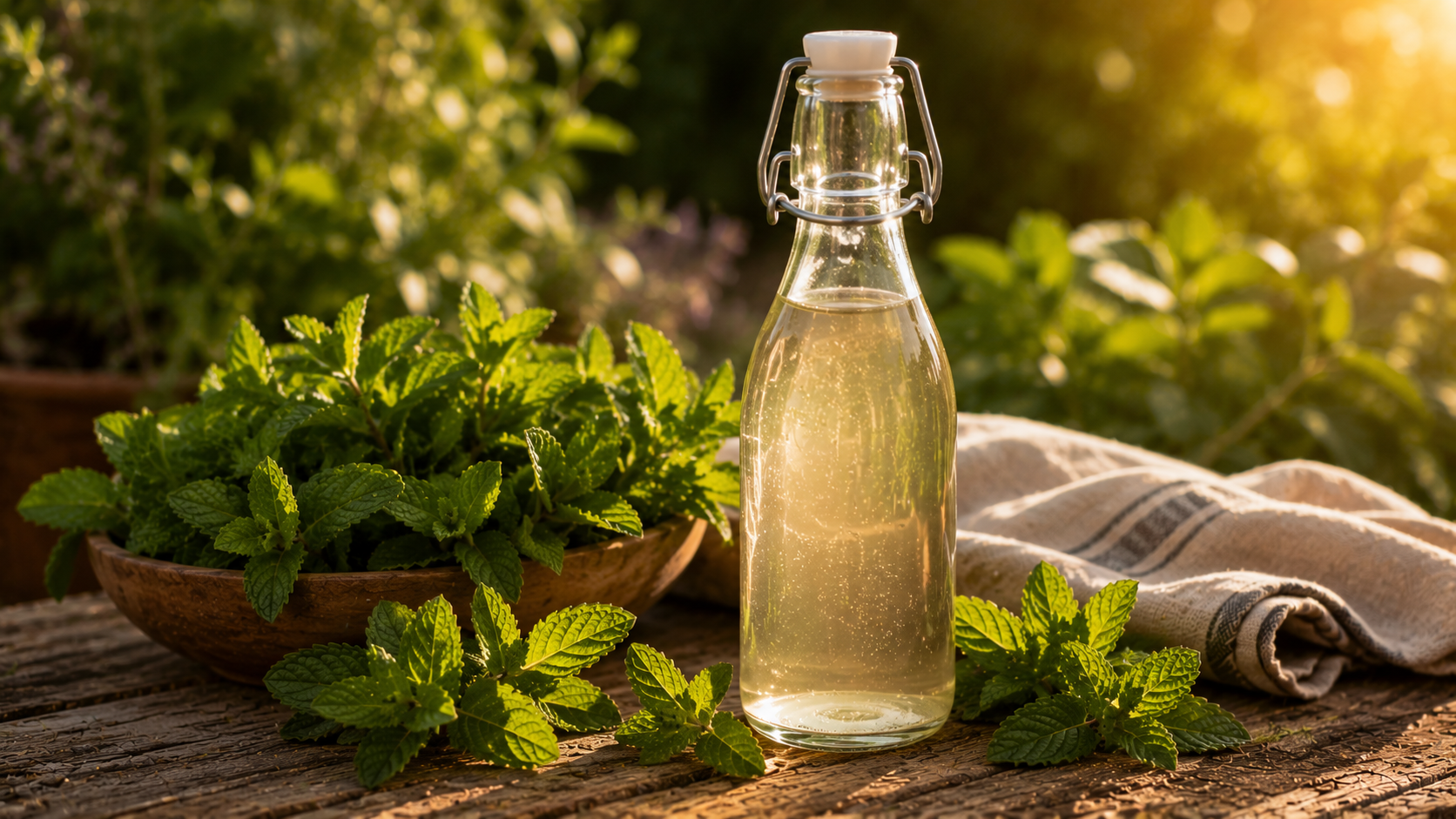 Fresh garden spearmint beside a jar of homemade mint simple syrup