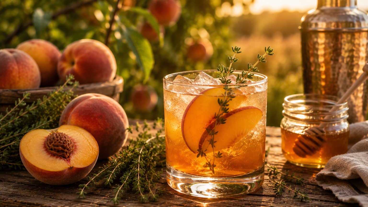 A Peach Honey Bourbon Smash over ice with fresh peach slices and a sprig of thyme