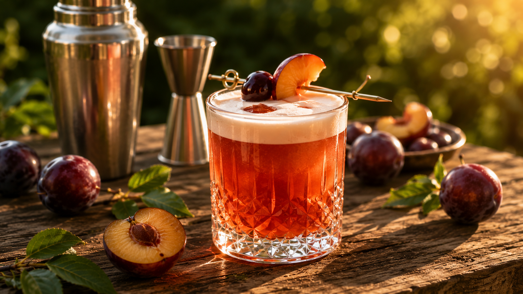 A Plum Bourbon Sour cocktail in a coupe glass with a deep purple hue from homegrown plum syrup