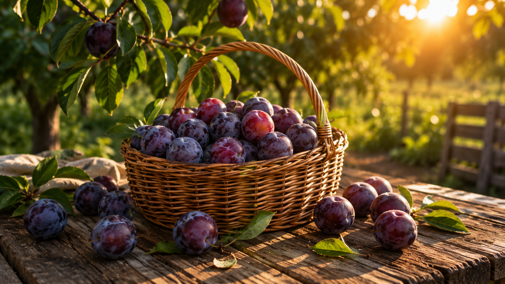 Ripe purple plums hanging from a backyard plum tree ready for harvest