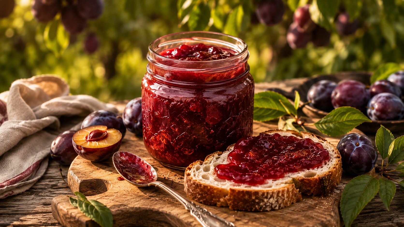 Jars of deep ruby homemade plum jam sealed and ready for the pantry shelf