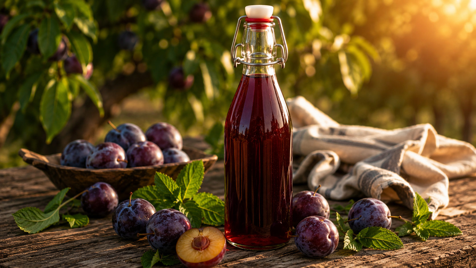 A jar of jewel-toned homemade plum simple syrup beside fresh plums