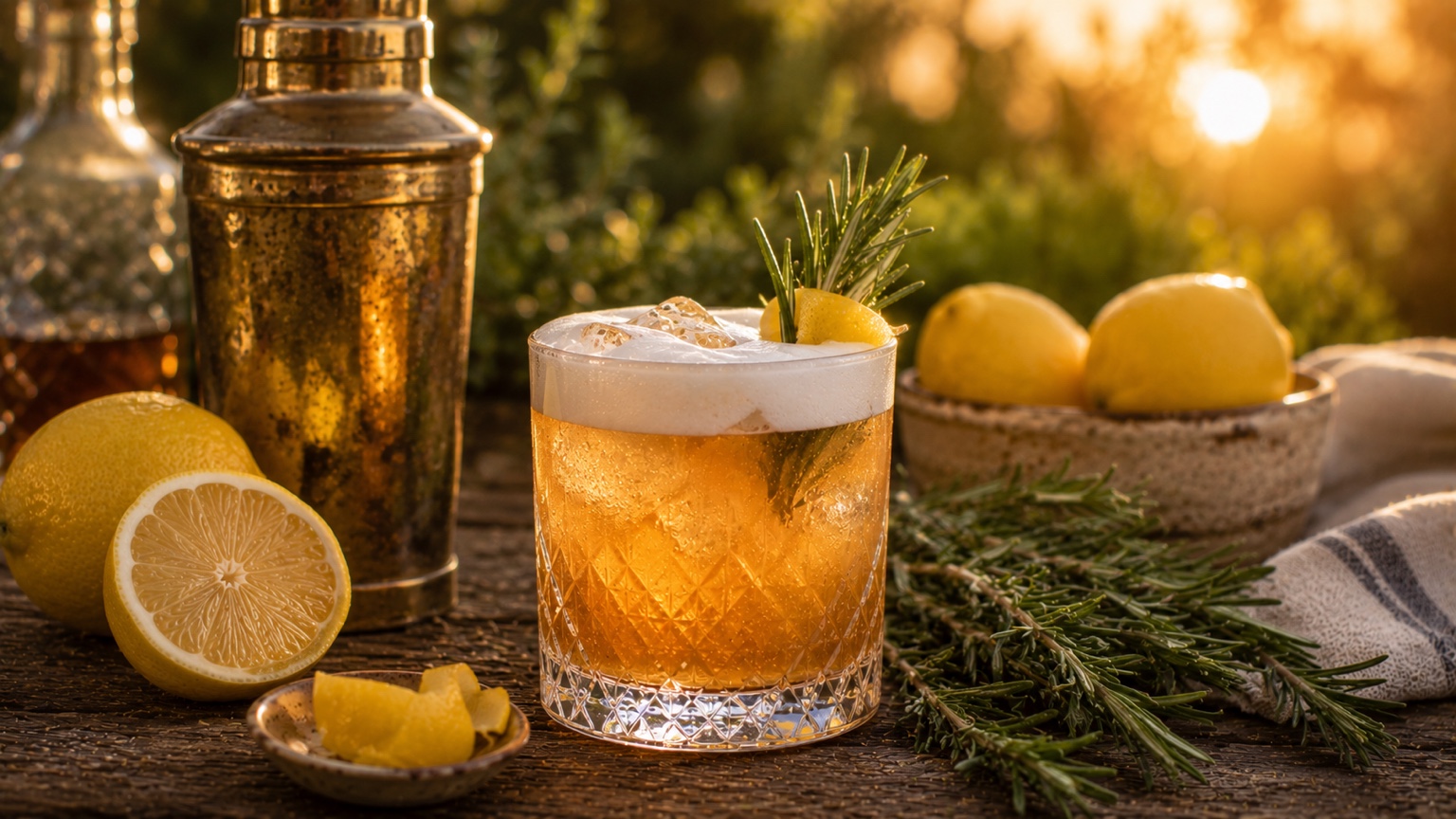 A Rosemary Bourbon Sour in a coupe glass with a fresh rosemary sprig garnish