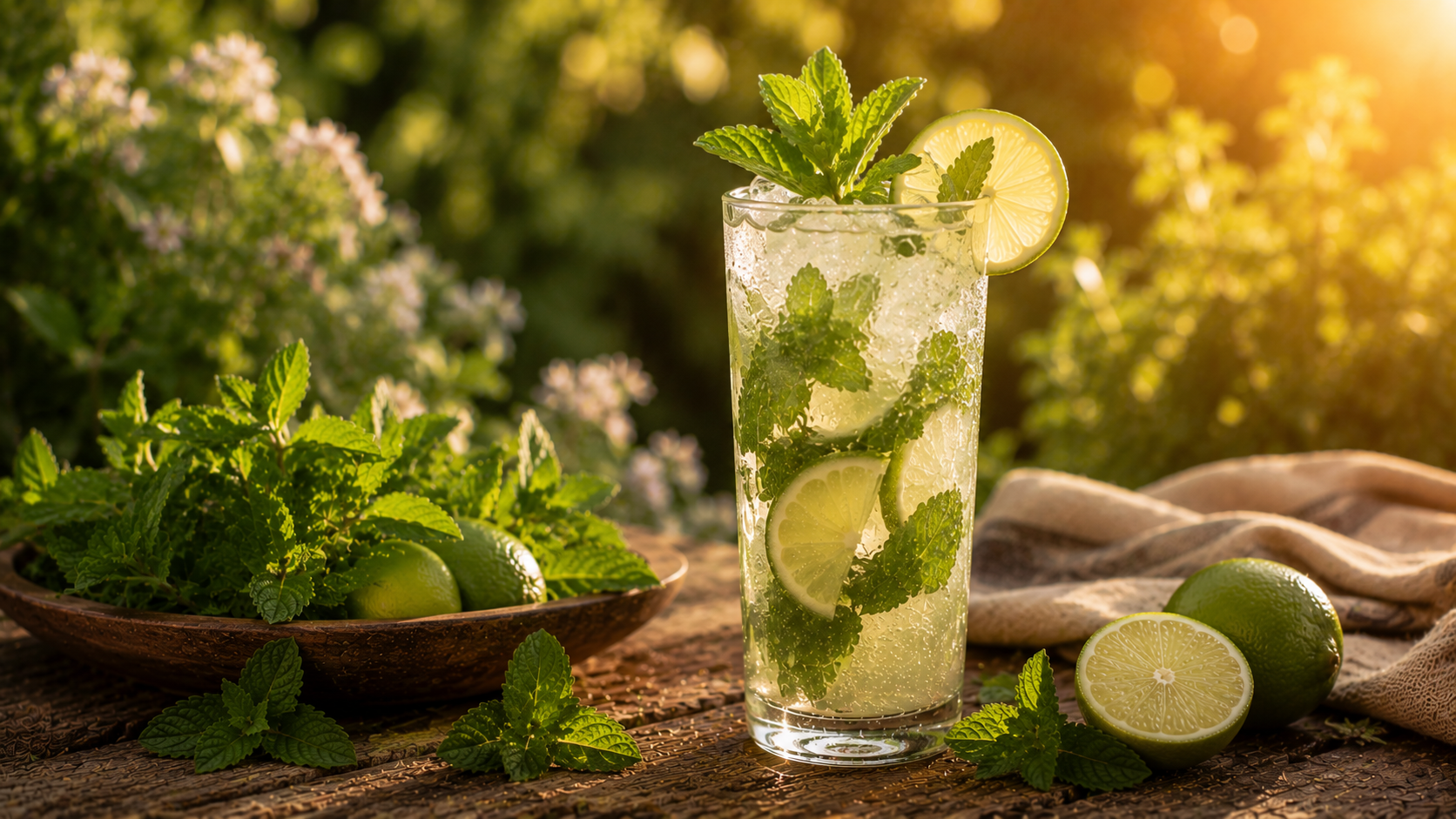 A Sparkling Mint Limeade in a highball glass with fresh mint and lime