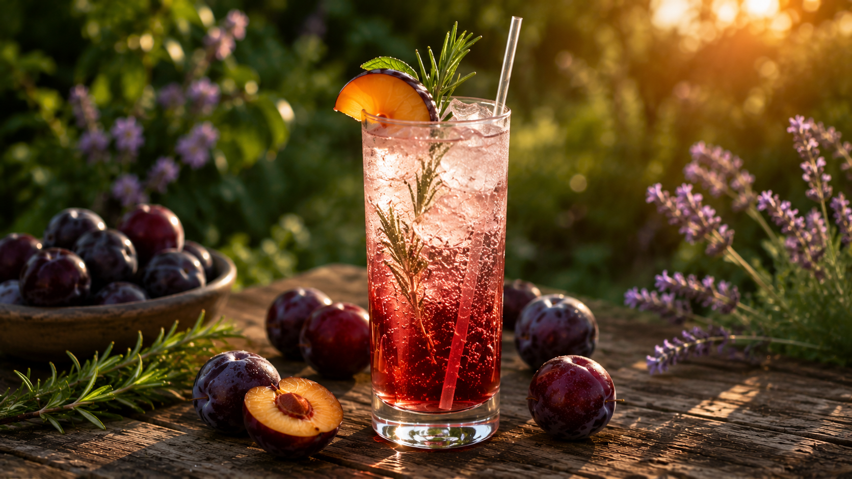 A Sparkling Plum Mocktail in a tall glass with a lemon wheel garnish