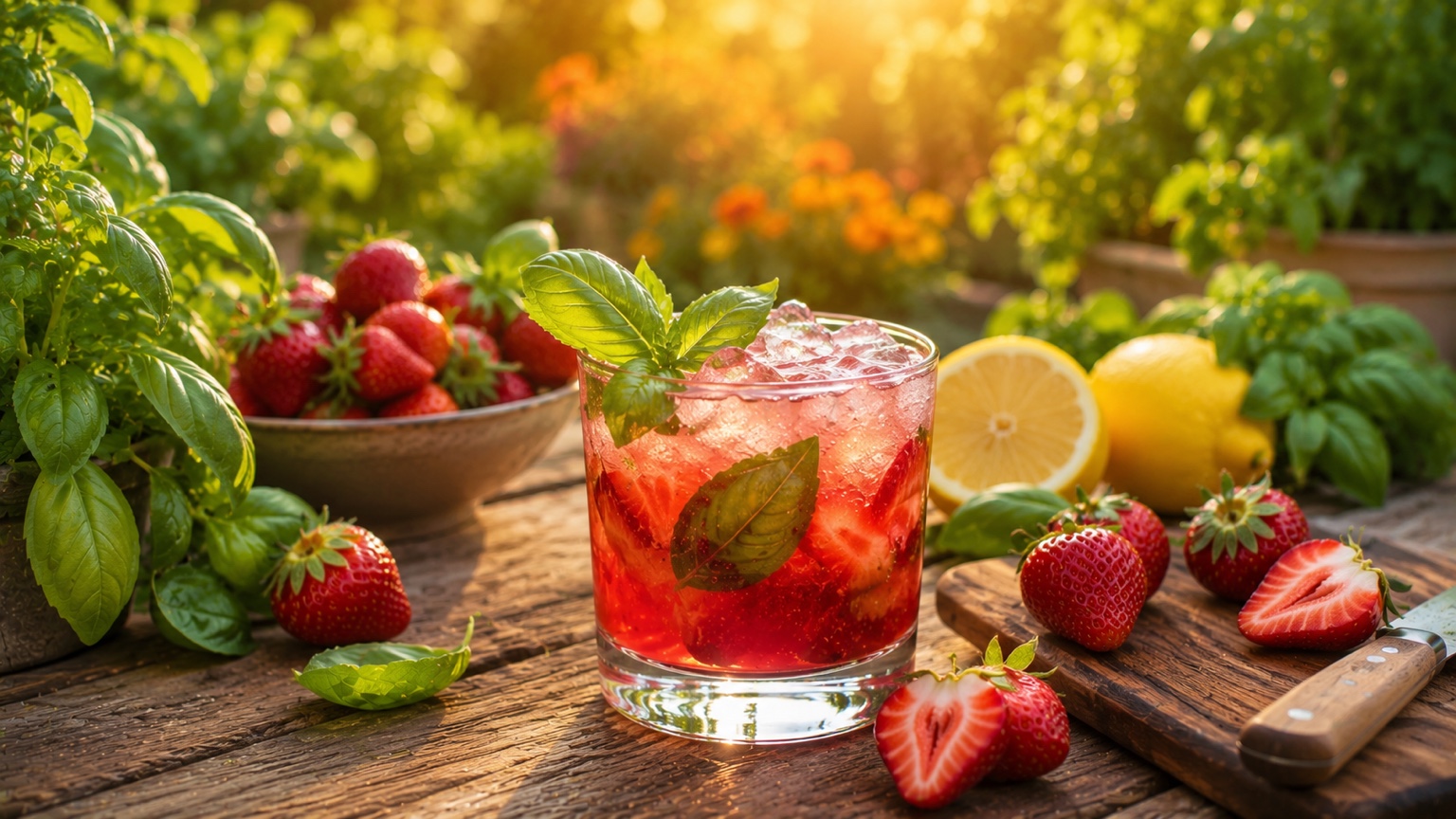 A Strawberry Basil Smash cocktail in a rocks glass with fresh strawberries and basil garnish