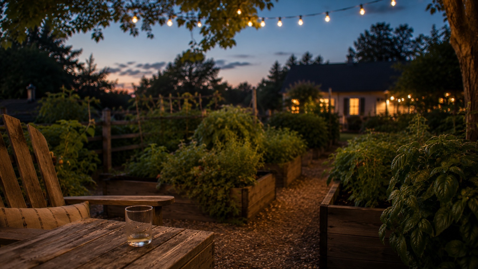 A quiet blue-hour garden with string lights, raised beds, a single nearly finished drink, and warm windows in the distance.
