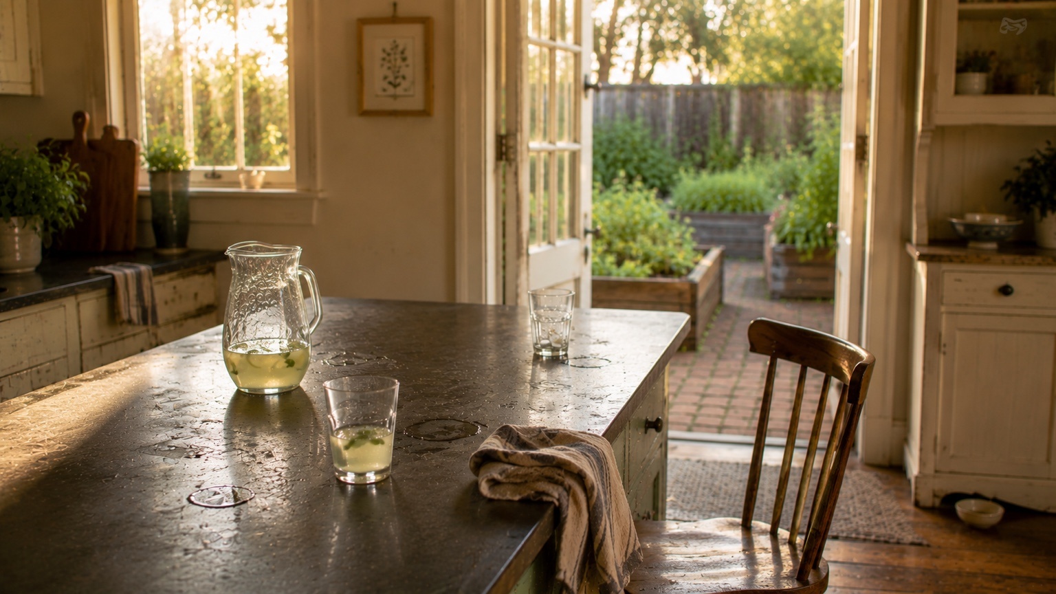 A nearly empty pitcher of basil lemonade and forgotten glasses on a lived-in kitchen counter with the garden beyond the open doors.