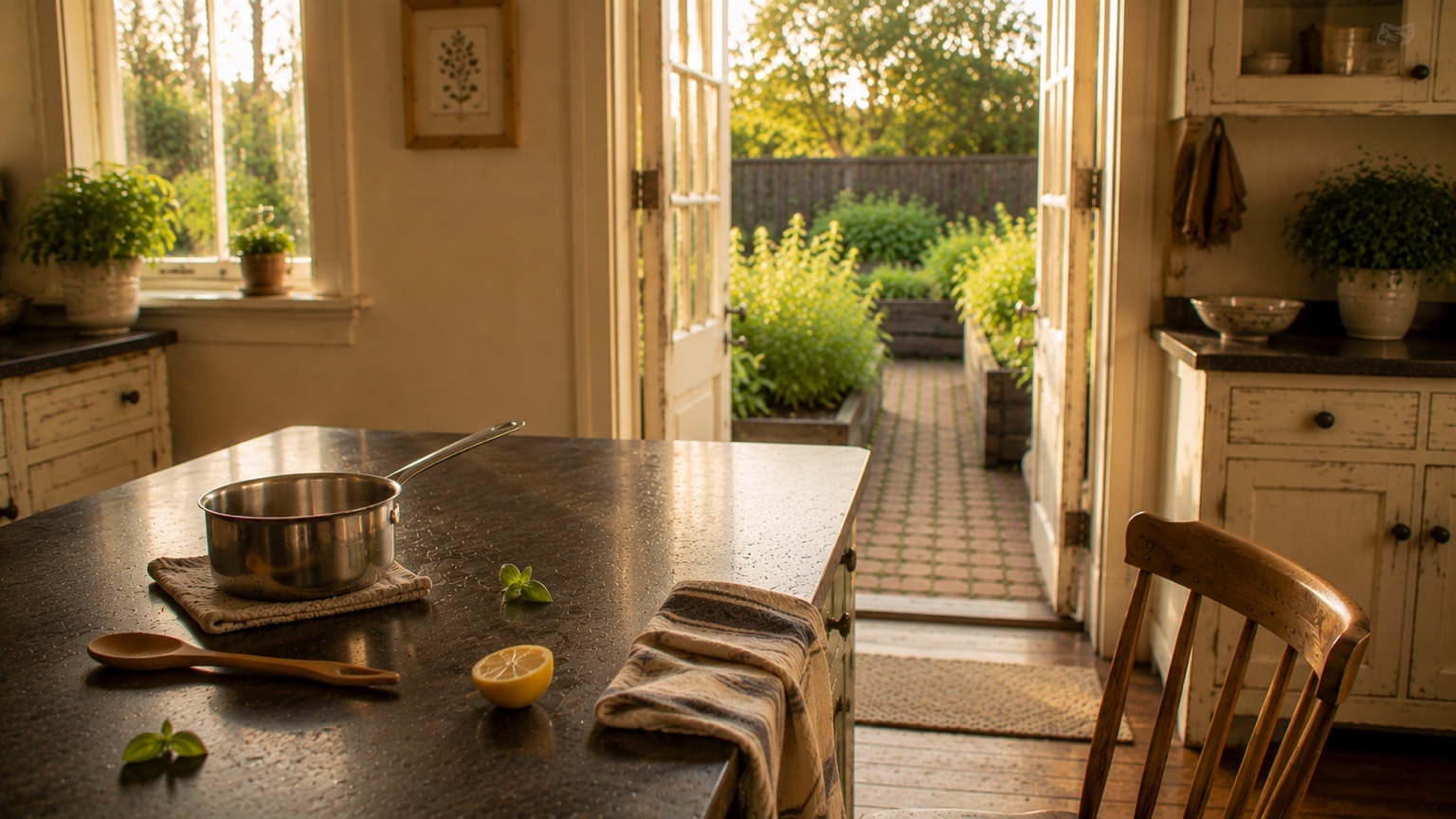 A small saucepan cooling on a kitchen island with a wooden spoon, half a lemon, and a few escaped basil leaves in warm afternoon light.