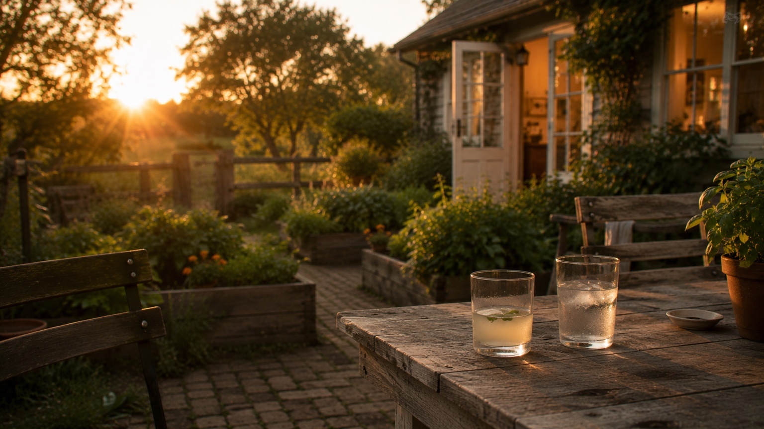 Two simple drinks rest near the edge of a weathered garden table during golden hour with raised beds and a warm house in the background.