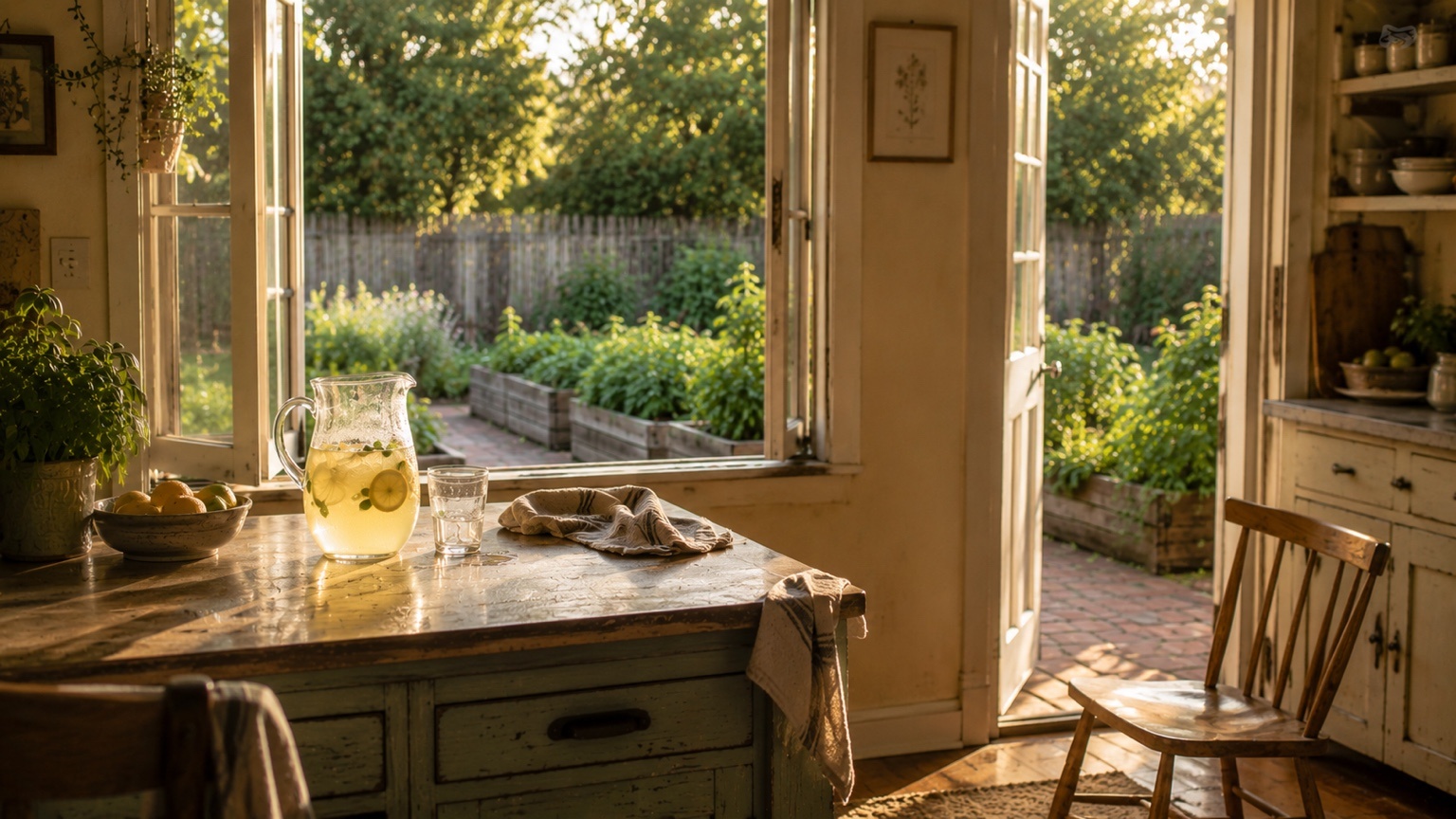 A pitcher of basil lemonade rests near an open kitchen window with warm August garden light outside.
