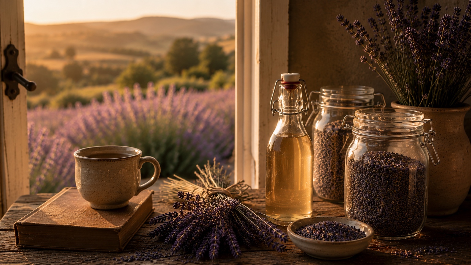 Dried lavender, tea, lavender syrup, and jars of lavender buds resting on a farmhouse table in warm evening light.