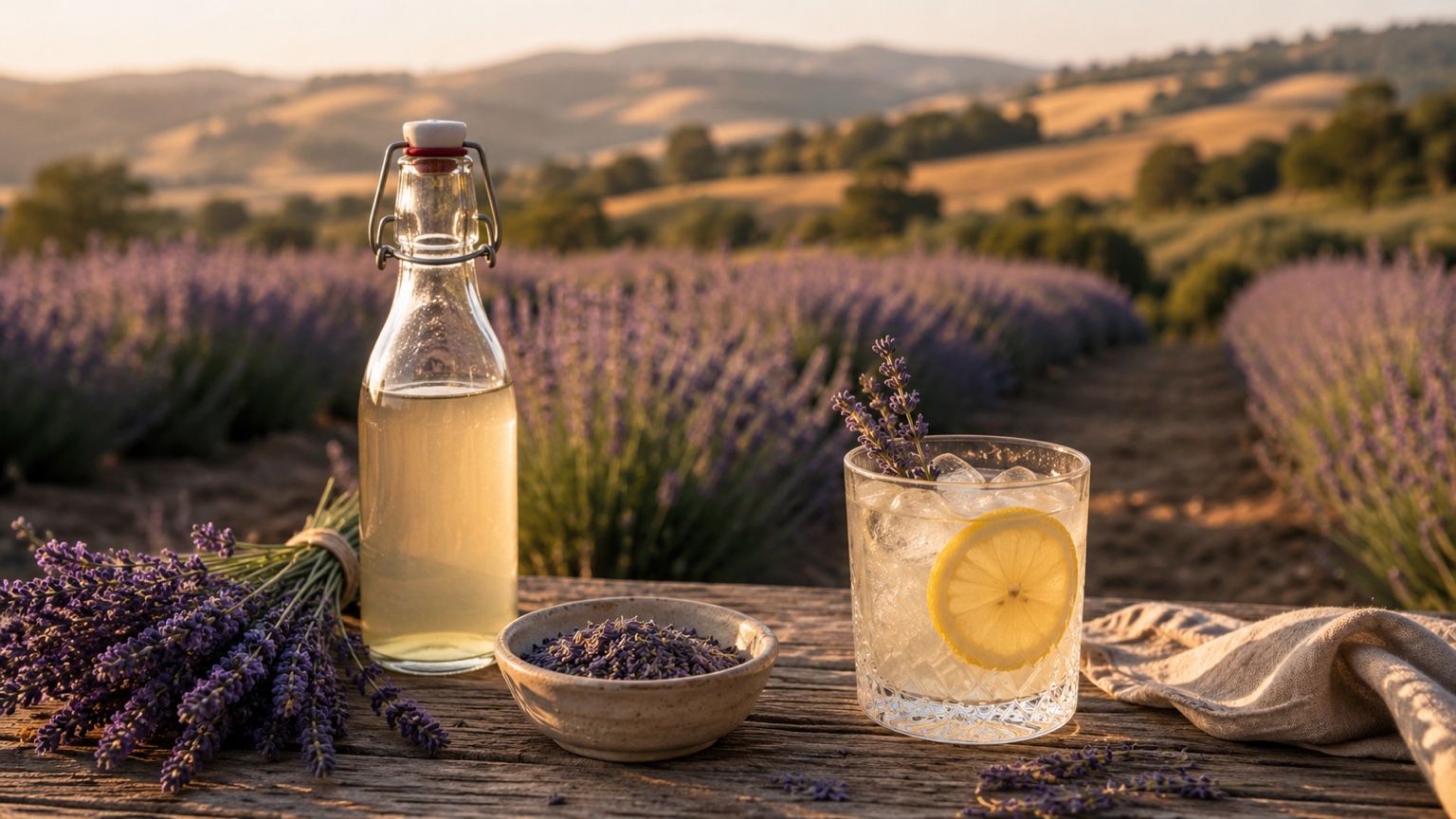 Lavender simple syrup, fresh lavender, and lavender lemonade overlooking blooming lavender fields at sunset.