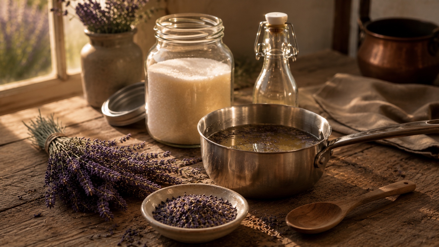 Lavender syrup being prepared with culinary lavender, sugar, a saucepan, and a wooden spoon in a farmhouse kitchen.