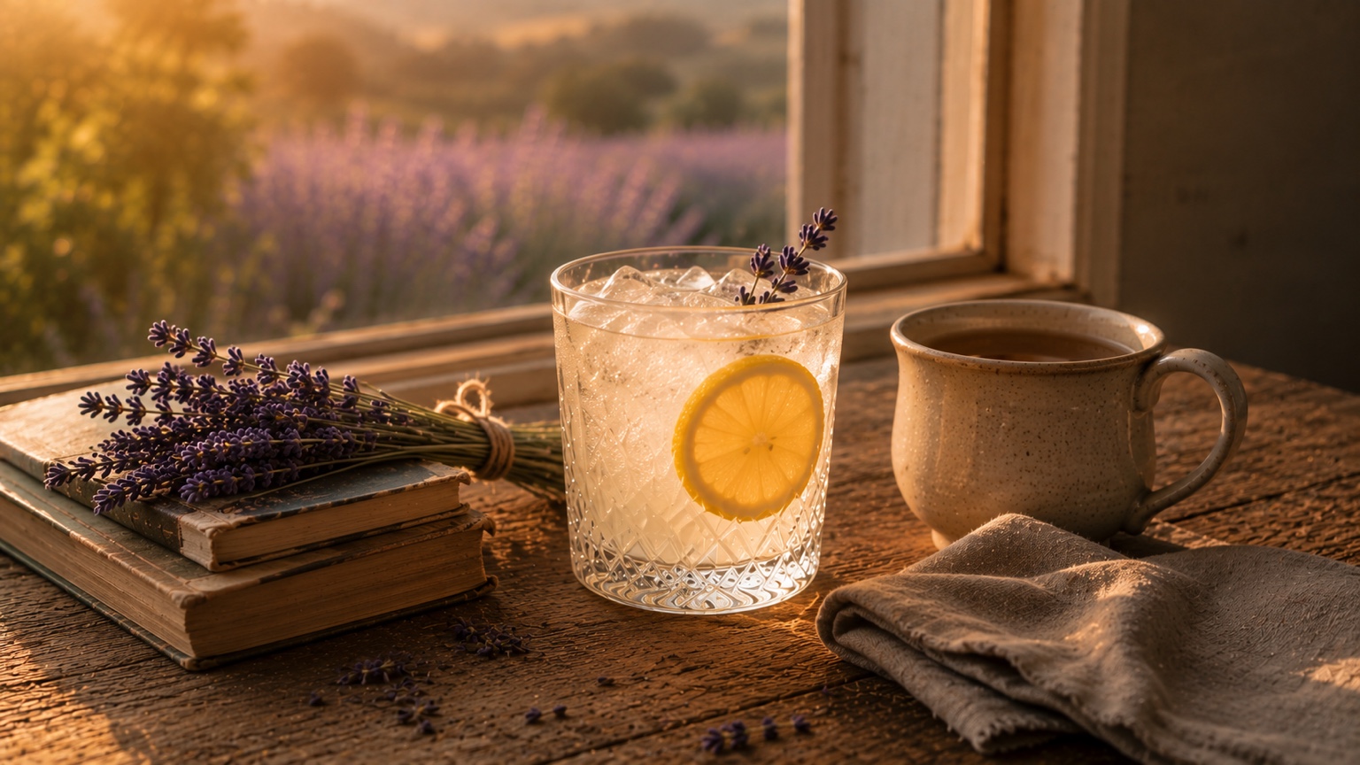 Lavender lemonade, tea, books, and fresh lavender beside an open window during a quiet summer evening.