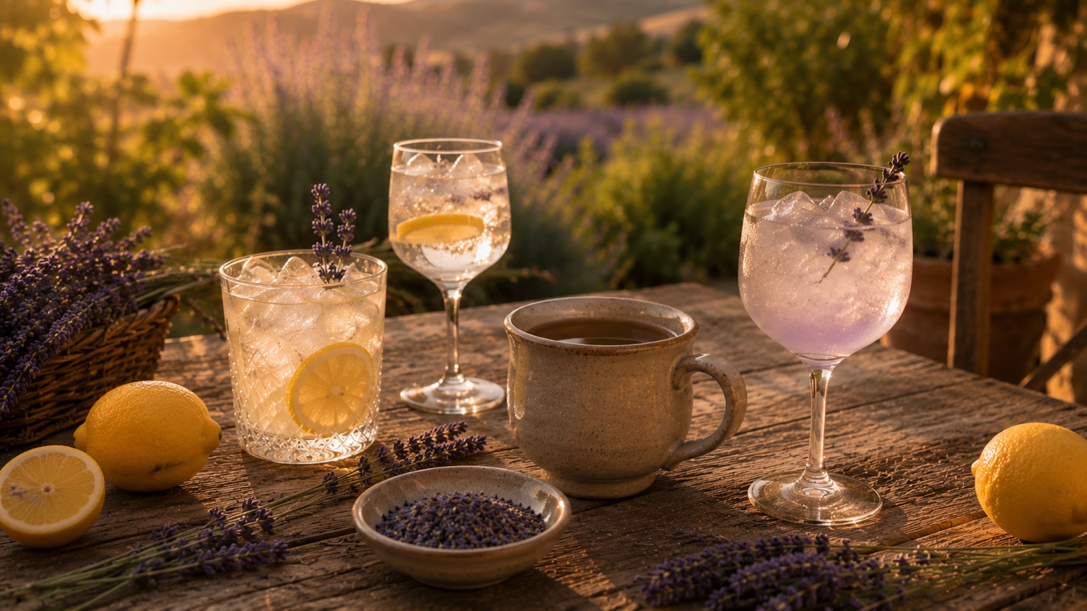 Lavender lemonade, sparkling water, tea, and a gentle spritz gathered on a rustic table at sunset.