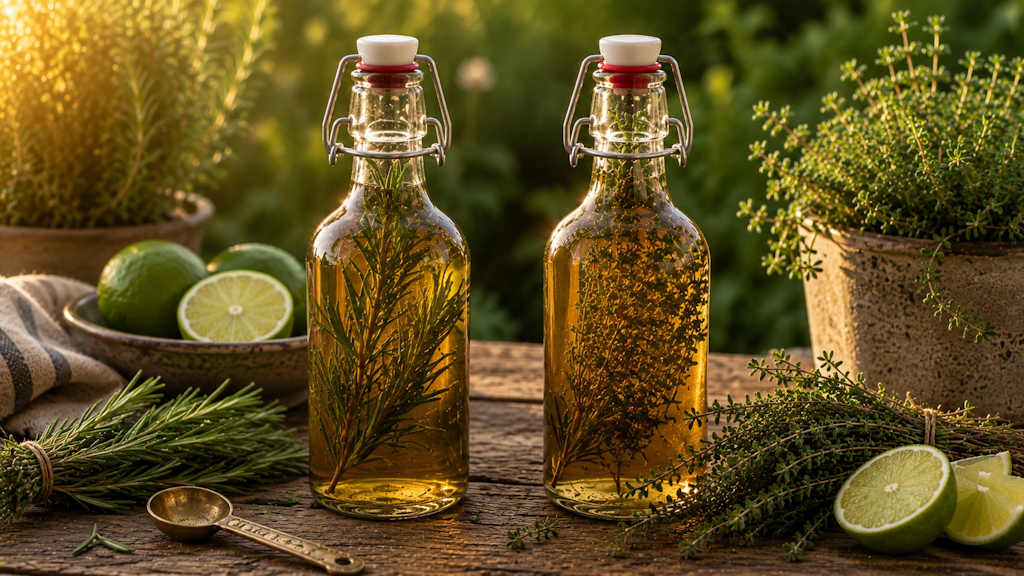 A jar of homemade thyme and rosemary herb syrup beside fresh sprigs from the garden