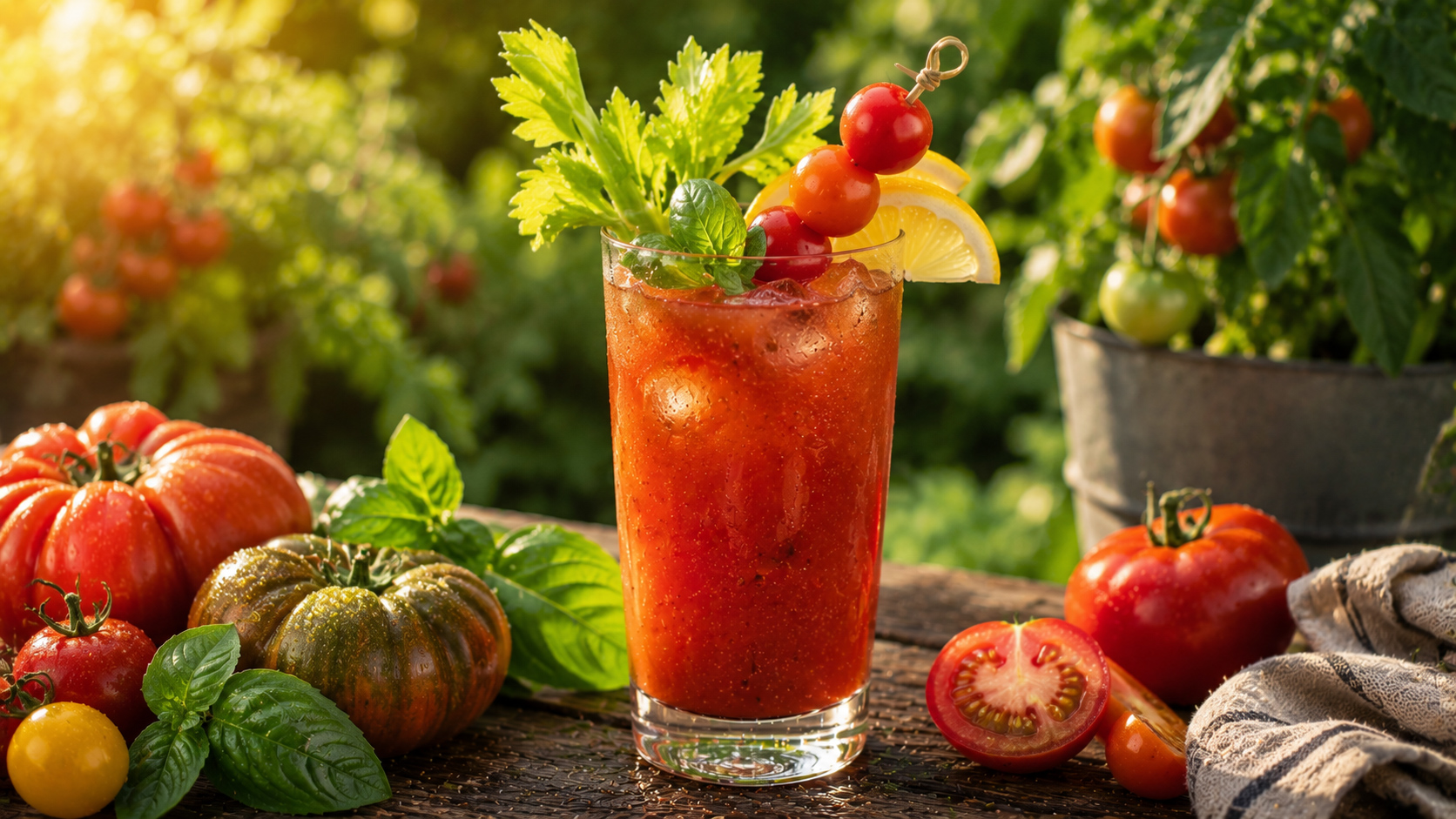 A Tomato Water Bloody Mary in a tall glass with a celery stalk and garden herb garnish